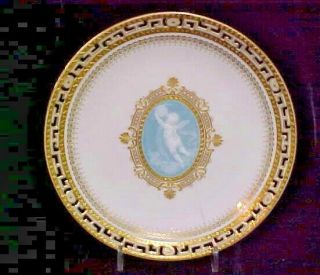 Antique Minton Porcelain Gold Encrust Cabinet Plate Blue Cherub Putti Pate Sur