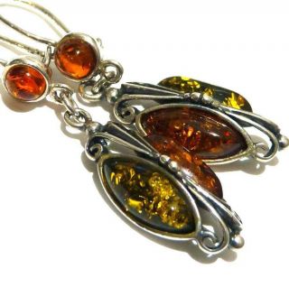 Vtg Art Nouveau Style 925 Sterling Silver Amber Butterfly Earrings Scrap Wear,