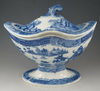 Antique Pottery Pearlware Blue Transfer Davenport Supper Set Tureen 1815