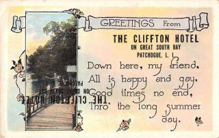 Patchogue Long Island York Cliffton Hotel Greetings Vintage Postcard Aa30985
