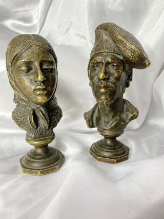 Antique Victorian Metal Brass Bronze Bust Woman & Man Pr Ethnic Russian Peasent