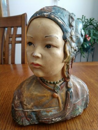 Antique Esther Hunt Joe Celona Chalkware Bust Of Young Chinese Woman