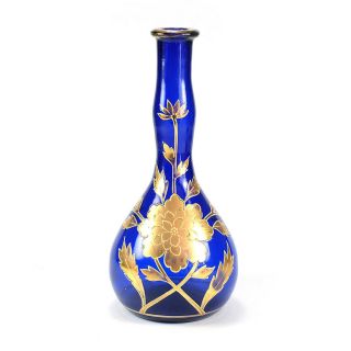 Antique Barber Glass Bottle Cobalt Blue W/ Gold Enameling Victorian 1800s