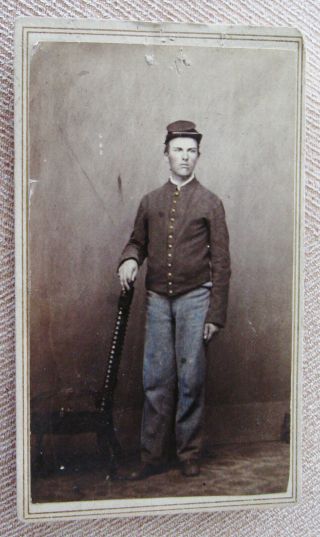 Antique Cdv Photo Of A Handsome Civil War Soldier In Uniform Tinted Blue Pants