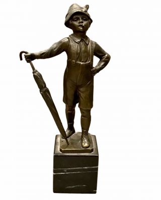 Antique Otto Schmidt - Hofer Bronze Boy W/ Umbrella,  Cigarette Statue,  German Art