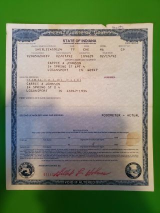 1952 52 Dodge Truck Title,  Sate Of Indiana Historical Document.  Old
