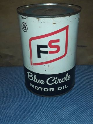Vintage Fs Farm Service Blue Circle Motor Oil Can 1 Quart Metal Full