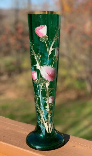 Antique Victorian Emerald Green Art Glass Enamel Floral Decoration Tall Vase