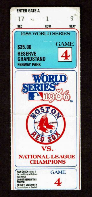 1986 World Series Ticket Stub Game 4 Boston Red Sox Vs York Mets