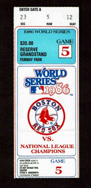 1986 World Series Ticket Stub Game 5 Boston Red Sox Vs York Mets