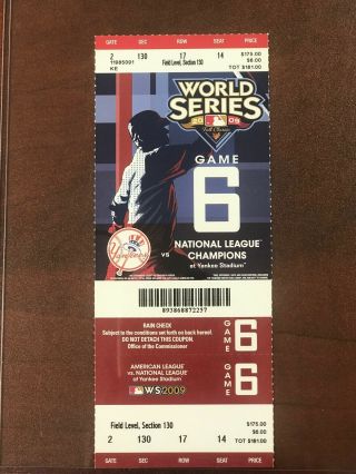 2009 World Series York Yankees Ticket Stub Game 6 Win Over Phillies