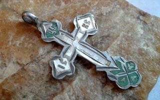 Antique 19th Century Solid Silver 84 Russian Orthodox Ornate Cross With Enamels