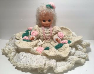 Vintage Hand Crochet Pink Floral Bed Doll