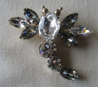 Vintage Gold Tone Butterfly Brooch With Clear And Grey Rhinestones