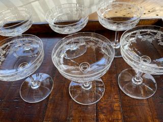 6 Antique Floral Garland Etched Champagne Coupe Stemmed Glasses