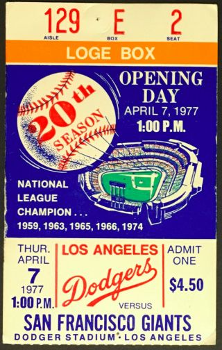 1977 Mlb La Dodgers Opening Day Ticket Manager Tommy Lasorda Debut V Giants