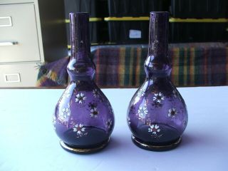 Matching Hand Blown Barber Bottles With Enameled Flowers,  7 1/2 " Tall
