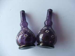 Matching Hand Blown BARBER BOTTLES with Enameled Flowers,  7 1/2 