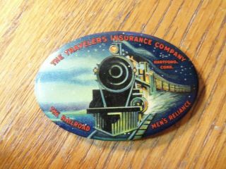 Vintage Celluloid Adverting Pocket Mirror Travelers Ins Co.  Train Picture