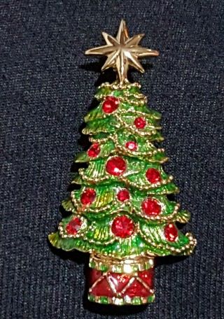 Vintage Christopher Radko Christmas Tree Brooch Gold Tone Crystal Enamelled Pin