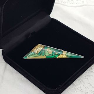 Vintage Art Deco Pierre Bex Style Brooch Triangle Teal Floral Enamel Gold Tone