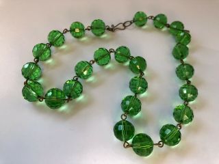 Vintage Art Deco Style Tsavorite Green Glass 12mm Faceted Crystal Bead Necklace