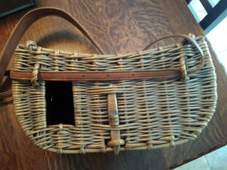 Wicker Trout Fishing Creel Antique Vintage US With Tooled Leather Harness 3