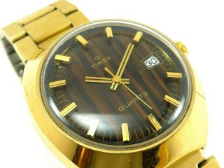 Ultra Rare Timex Q Gold Plated Quartz Wristwatch With Tiger Eye Dial & Date