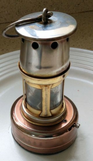 Vintage Miniature Solid Brass Copper & Chrome Miners Davey Protector Lamp 4.  5 " Hr