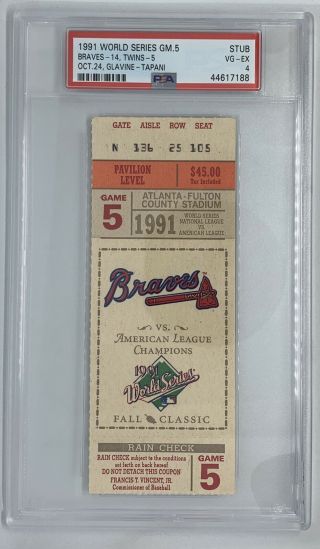 1991 World Series Ticket Stub Game 5 Psa 4 Vg - Ex Braves Twins Glavine