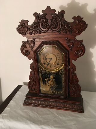 Antique E N Welch Gingerbread Clock With Key & Pendulum 23” Tall