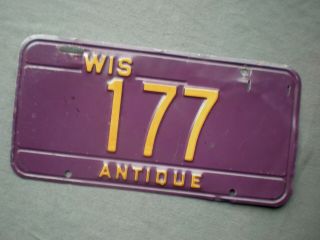 Vintage Wisconsin Antique Vehicle License Plate Low Number Purple 1970s