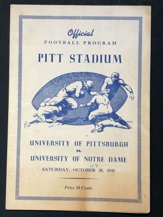 Oct 20 1945 Pittsburgh Vs Notre Dame Fighting Irish Official Football Program