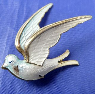 Stunning Vintage Norway Sterling Silver Gilt & Enamel Bird In Flight Brooch