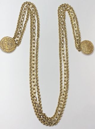 Vintage Gold Tone Double Brooch Pins Chatelaine Triple Strand Chains Necklace