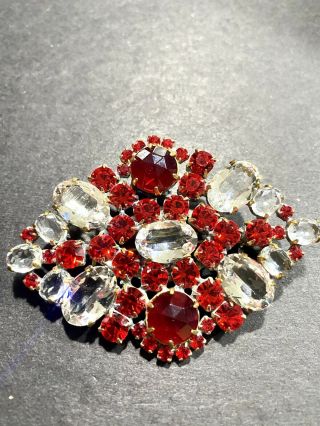 Vintage High End Czech Glass Brooch Pin Signed Red Clear Rhinestones