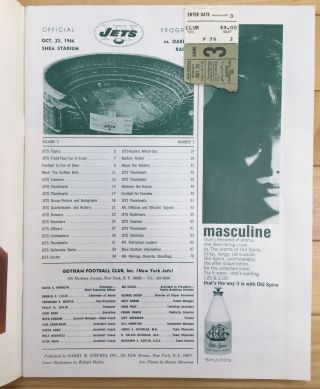 Oct 23 1966 AFL Program Oakland Raiders at York Jets With Ticket Stub Namath 2