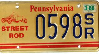 1988 Pennsylvania Street Rod License Plate 0598sr
