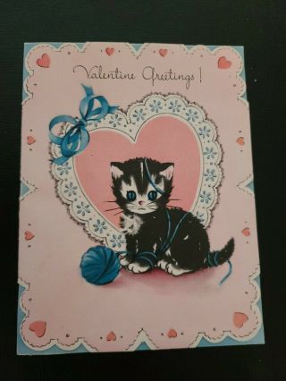 Vtg Gibson Valentine Greeting Card Black Kitten Cat Lace Pink Heart Yarn 1940s