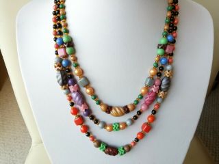 Vintage Jewellery 3 String Coloured Glass Bead Necklace