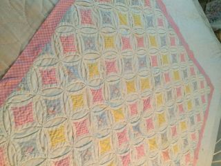 Vtg Baby Blanket,  Cathederal Windows,  44x39,  Usa,  Pink,  Blue,  White