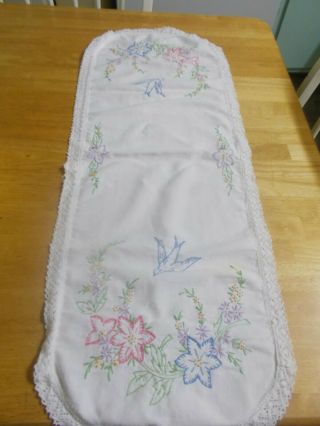 Vintage Table Runner Scarf With Hand Embroidered Birds And Lace 12 X 35