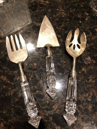 Vintage Silver Plated Crystal Glass Handle Serving Set - Spoon,  Fork,  And Cake