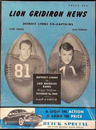 1949 Detroit Lions Vs.  Los Angeles Rams October 16 - Vintage Program