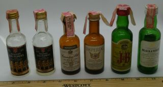 6 Vintage Mini Liquor Bottles Seagrams 100 Pipers/imperial/j&b/black & White/cc