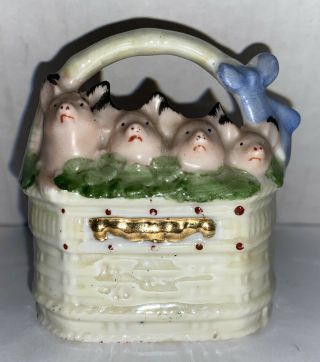 Vintage German Made Pink Pig Ceramic Figurine,  4 Pigs In A Basket