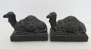 Pair Antique Cast Bronze Camel Bookends Figural 1920s Art Deco Egyptian Revival