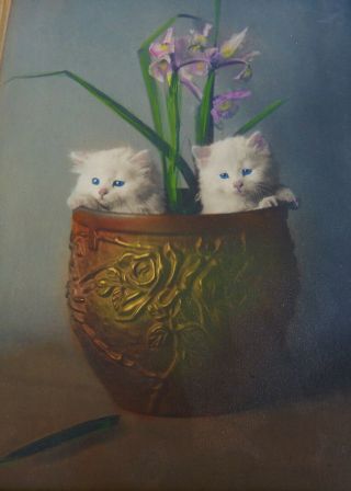 Vintage Color Tinted Photo of 2 Kittens in a Flower Pot Pie Crust Frame 2