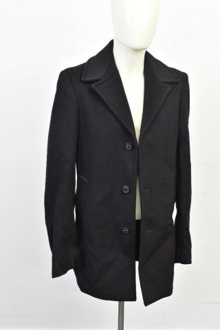 Vintage British Rail Dark Navy Blue Wool Men ' s Button Up Pea Jacket 36 