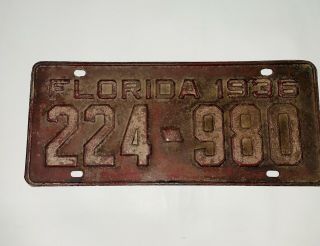 Vintage Florida Tag License Plate 224 - 980 1936